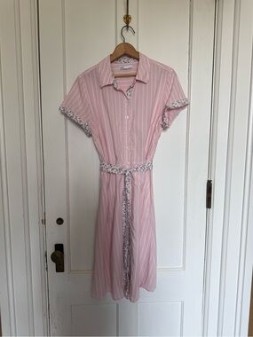 Pink Striped Button-Down Shirt Dress with Floral Trim